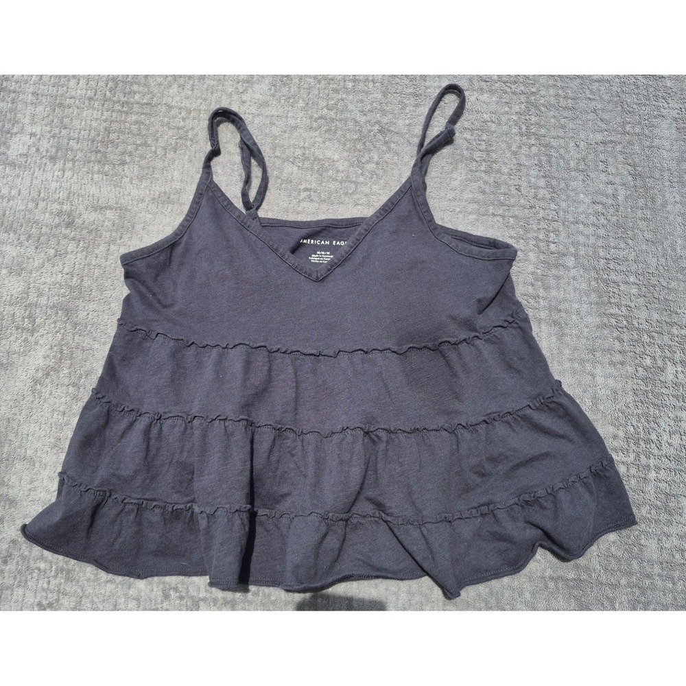 American Eagle Charcoal Grey Tiered Ruffle Camisole Tank Top Women Medium Cotton